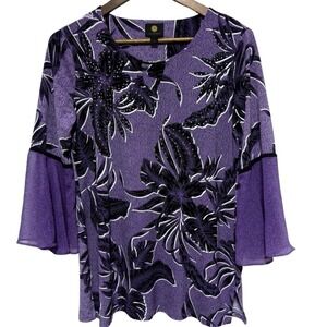 JM Collection Blouse Womens S Purple Whimsigoth Flare Sleeve Stretch Knit Top